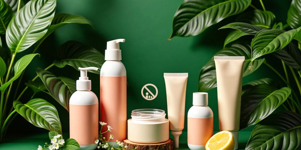 Cruelty-free products surrounded by greenery.