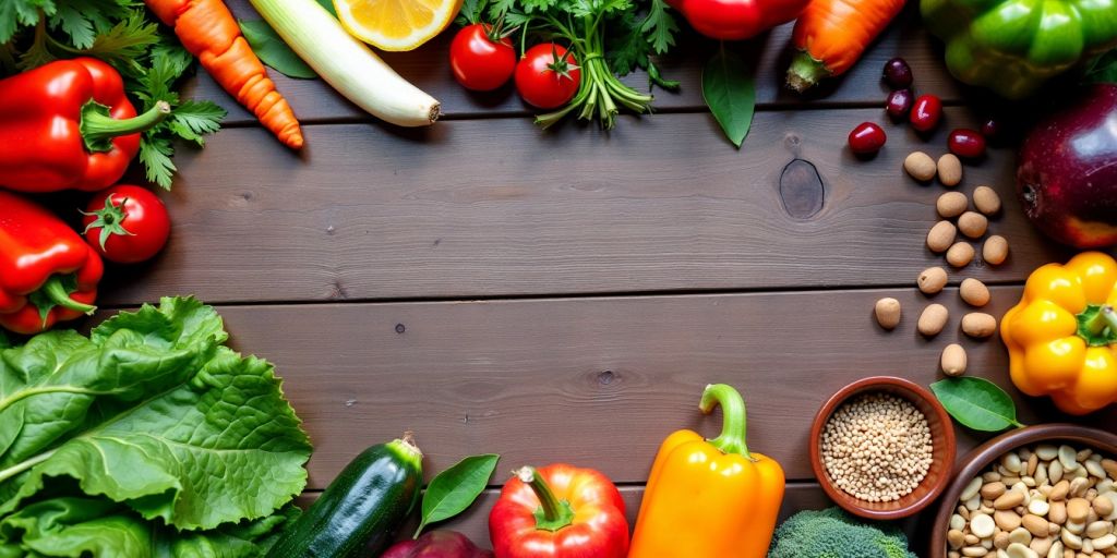 Colorful whole food plant-based meals on a wooden table.