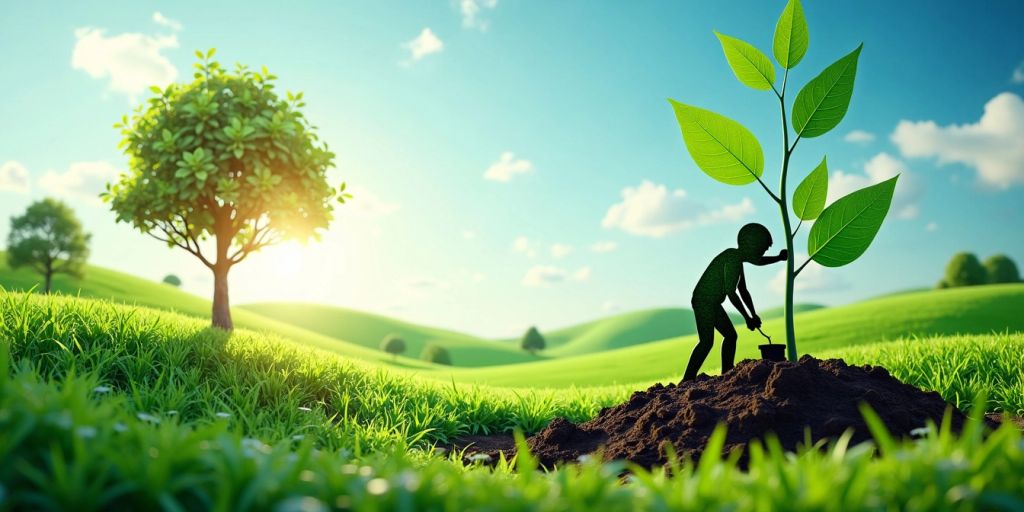 Person planting a tree in a vibrant green landscape.