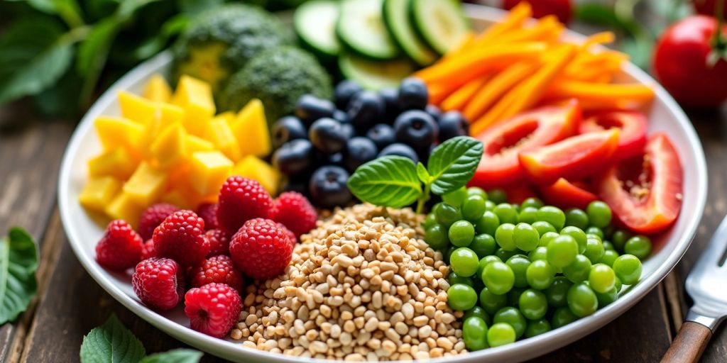 Colorful vegan meal with fruits, vegetables, and grains.