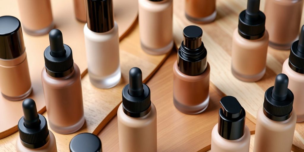 Colorful cruelty-free foundation bottles on a wooden surface.