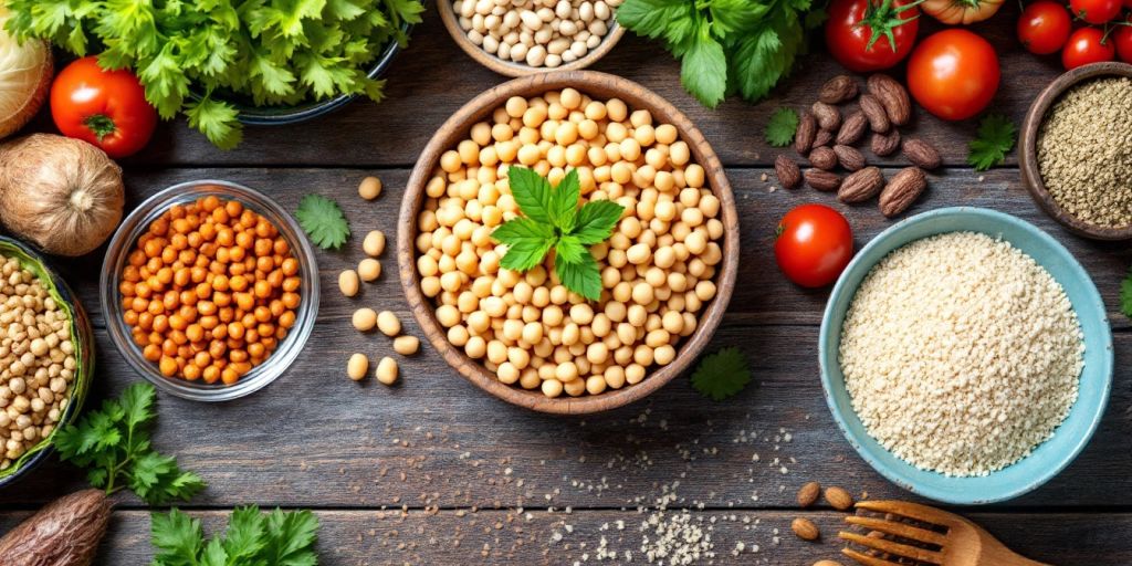 Colorful vegan protein foods on a wooden table.