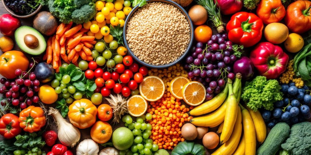 Colorful fruits and vegetables on a wooden table.