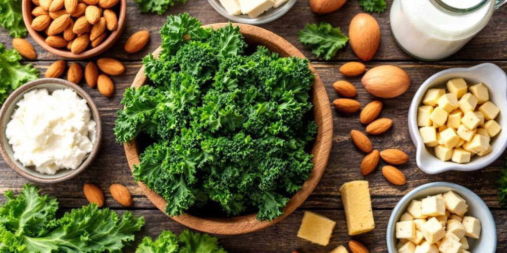 Colorful vegan foods high in calcium on a table.