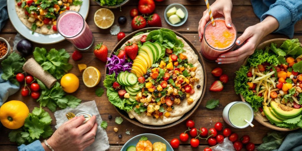 Colorful vegan dishes on a wooden table.