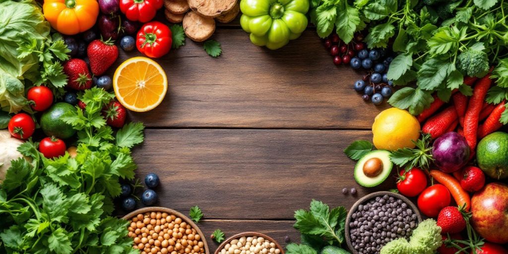 Colorful fruits and vegetables on a wooden table.